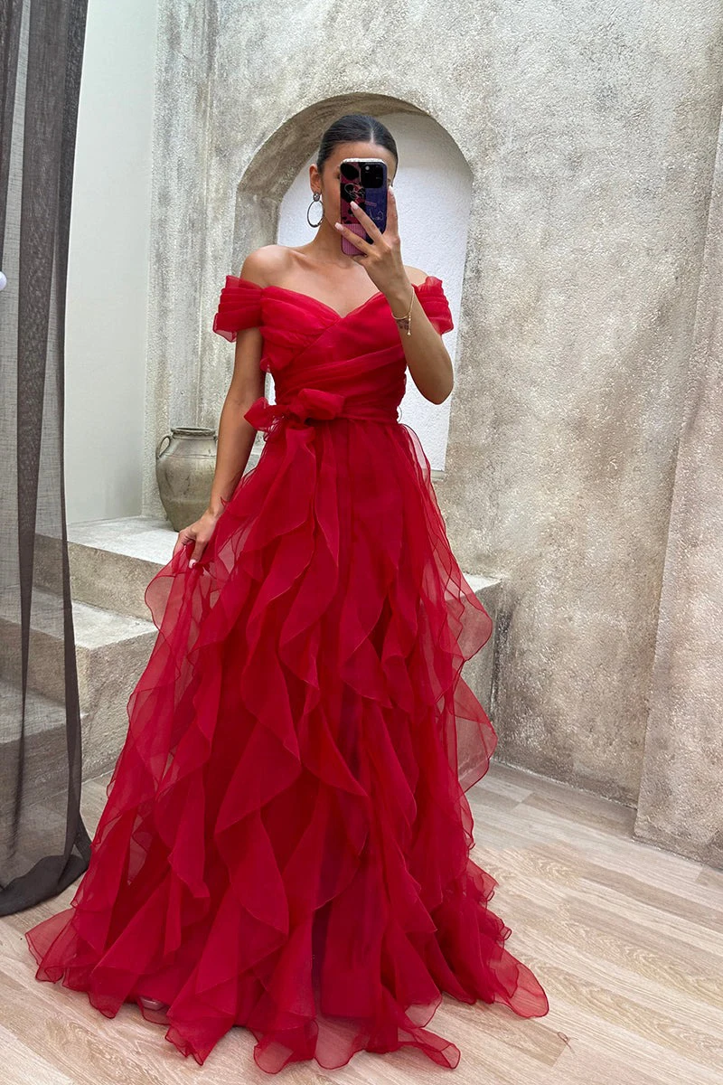 Tulle Ruffles Ball Gown Prom Dresses for Women Off Shoulder Formal Party Dress Long Vestidos De Gala Mujer Elegant Evening Gown