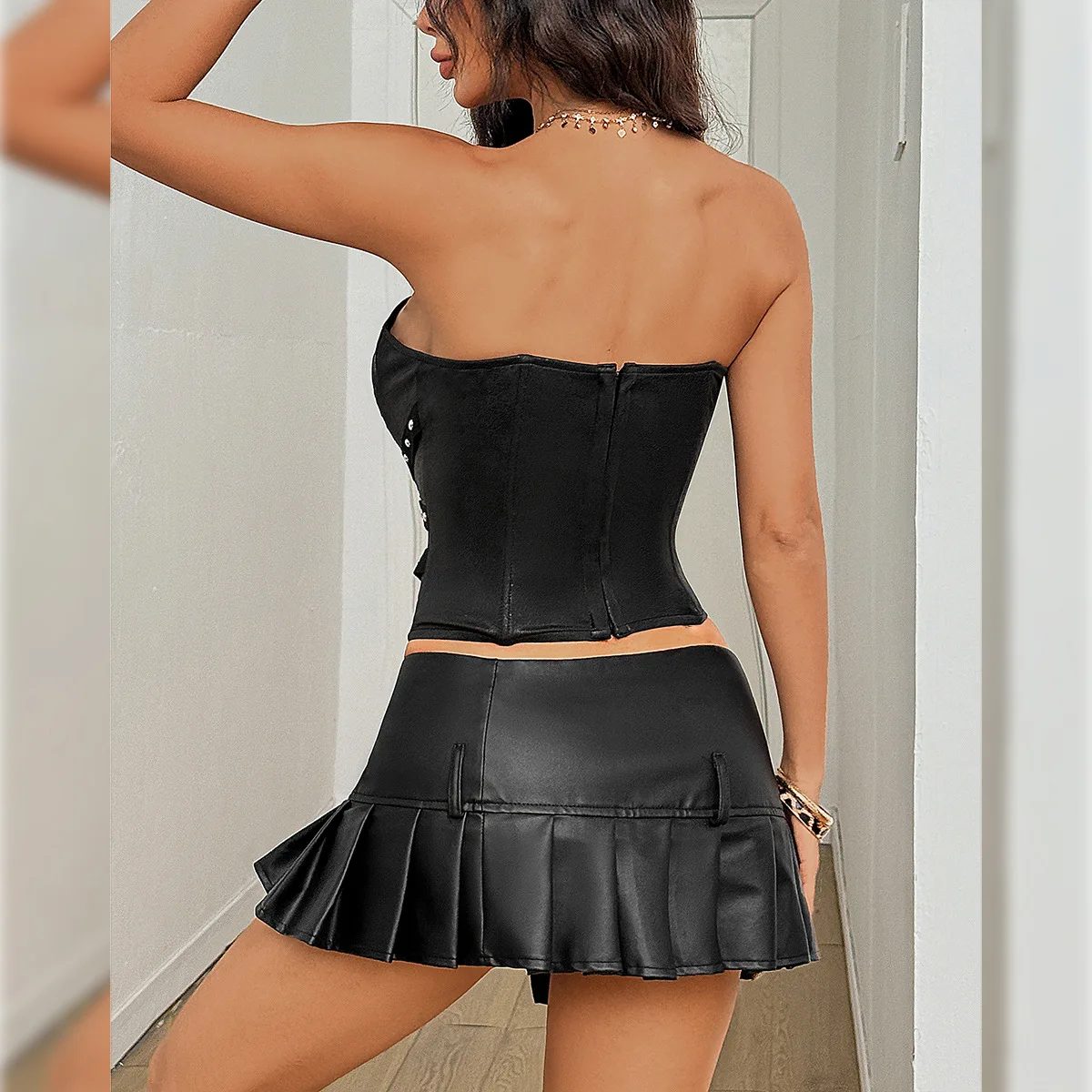 Gothic Leather Lace Corset Sexy Button-down Tank Top Fashion Strapless Tops Short Camisole Fishbone Slim High Street Vest Summer