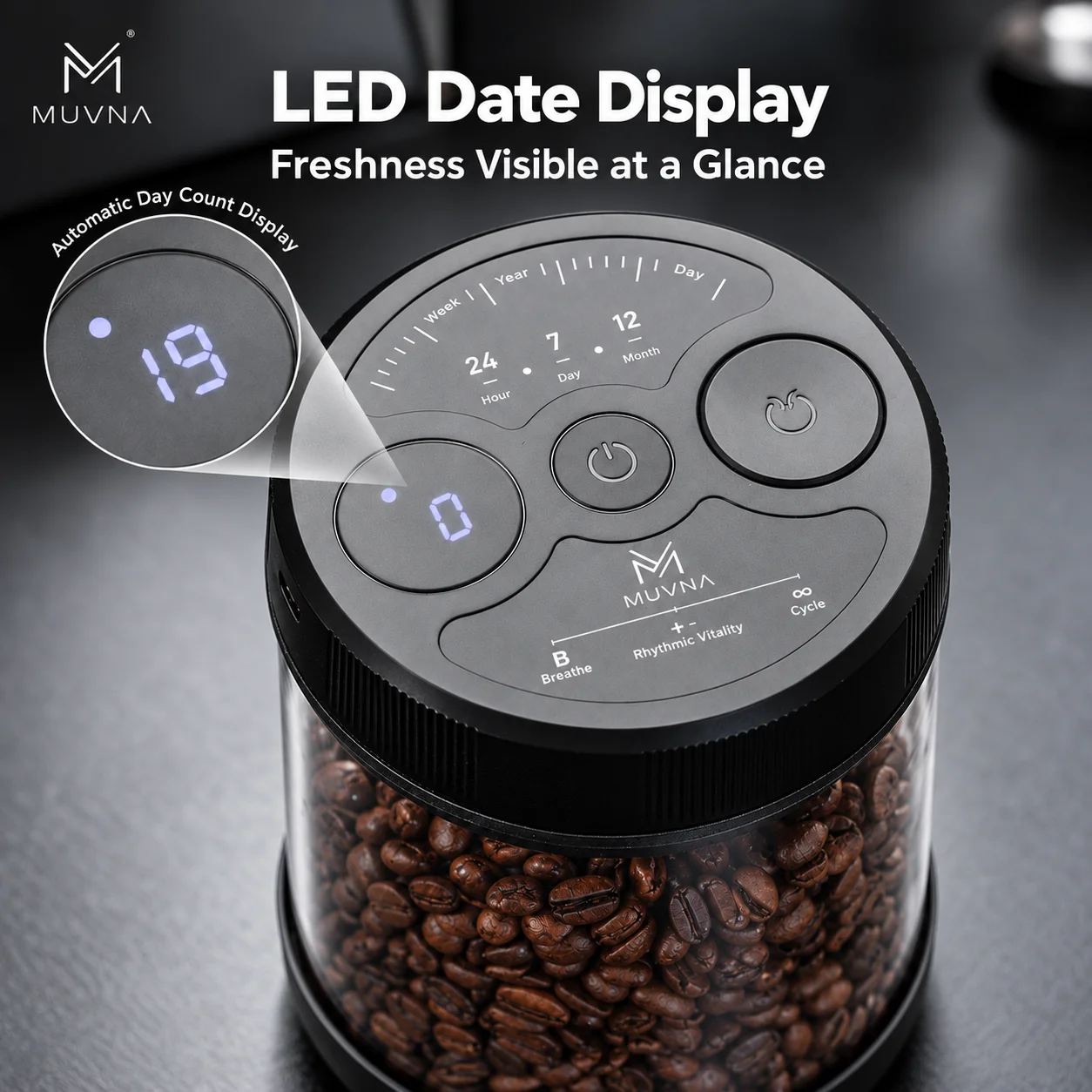 MUVNA Electric Vacuum Coffee Storage Jar Automatic Airtight Container with LED Date Display 250g 500g for Coffee Beans Food