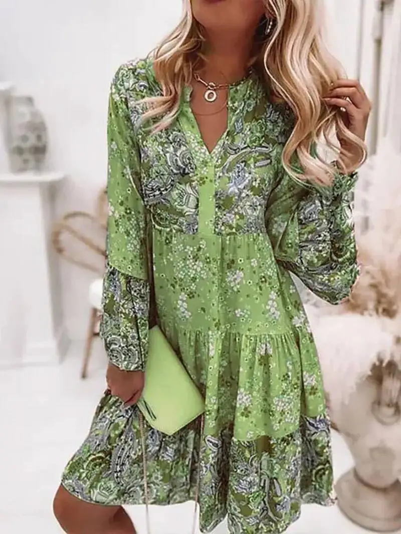 فساتين غير رسمية مطبوعة بالورود للنساء 2025 لربيع وصيف بوهو رقبة على شكل V فضفاضة على شكل حرف A فستان أنيق لحفلات الشاطئ رداء نسائي BQ87 #1