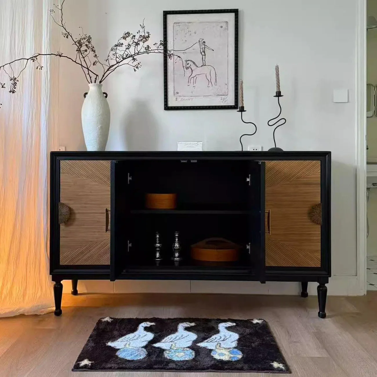 Modern simple solid wood carved dining side cabinet, log wind foyer, entrance cabinet, storage cabinet, partition decorative