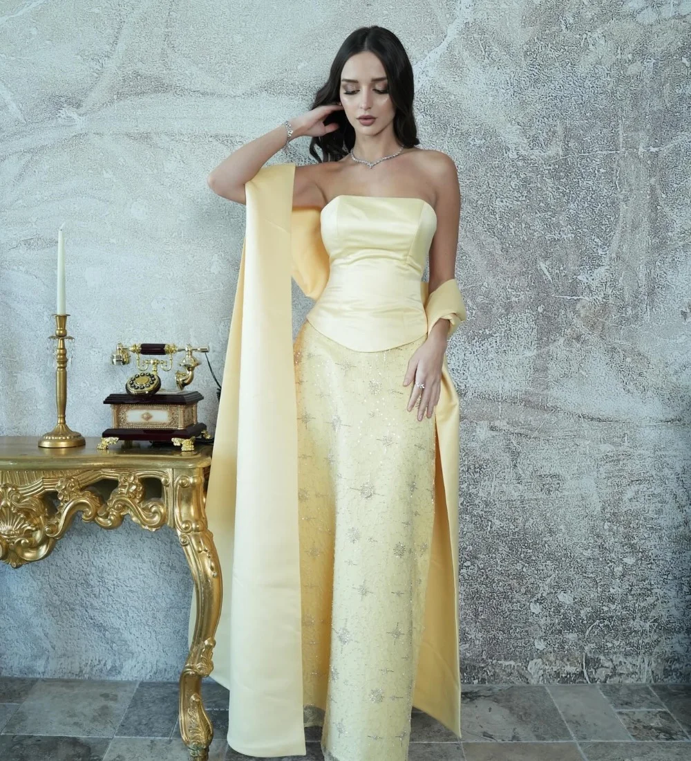 

Customized Yellow Sparkle Luxury Beading Sequined Shawl A-line Strapless Long Dresses Evening Dresses for Woman Classic Pastrol