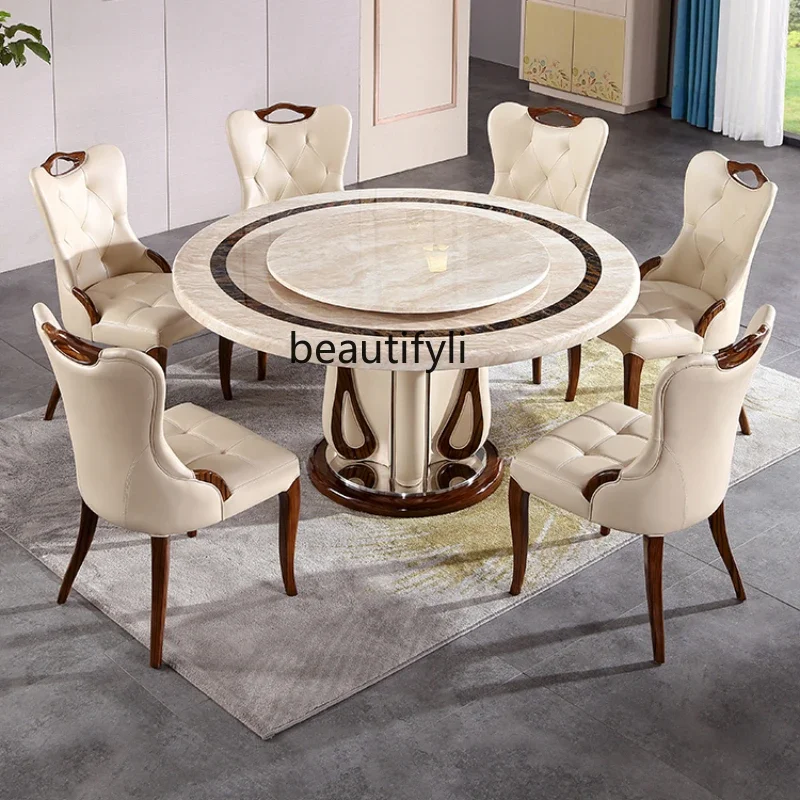 

Marble round Table Dining Table European Dining Table and Chair Assemblage Zone Turntable Home