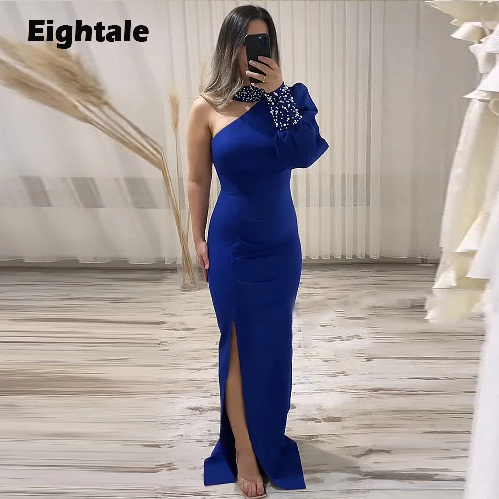 

Eightale Royal Blue Evening Dresses Arabic High Neck Beaded Pearls Mermaid Prom Gowns Formal Celebrity Dubai Wedding Party Dress