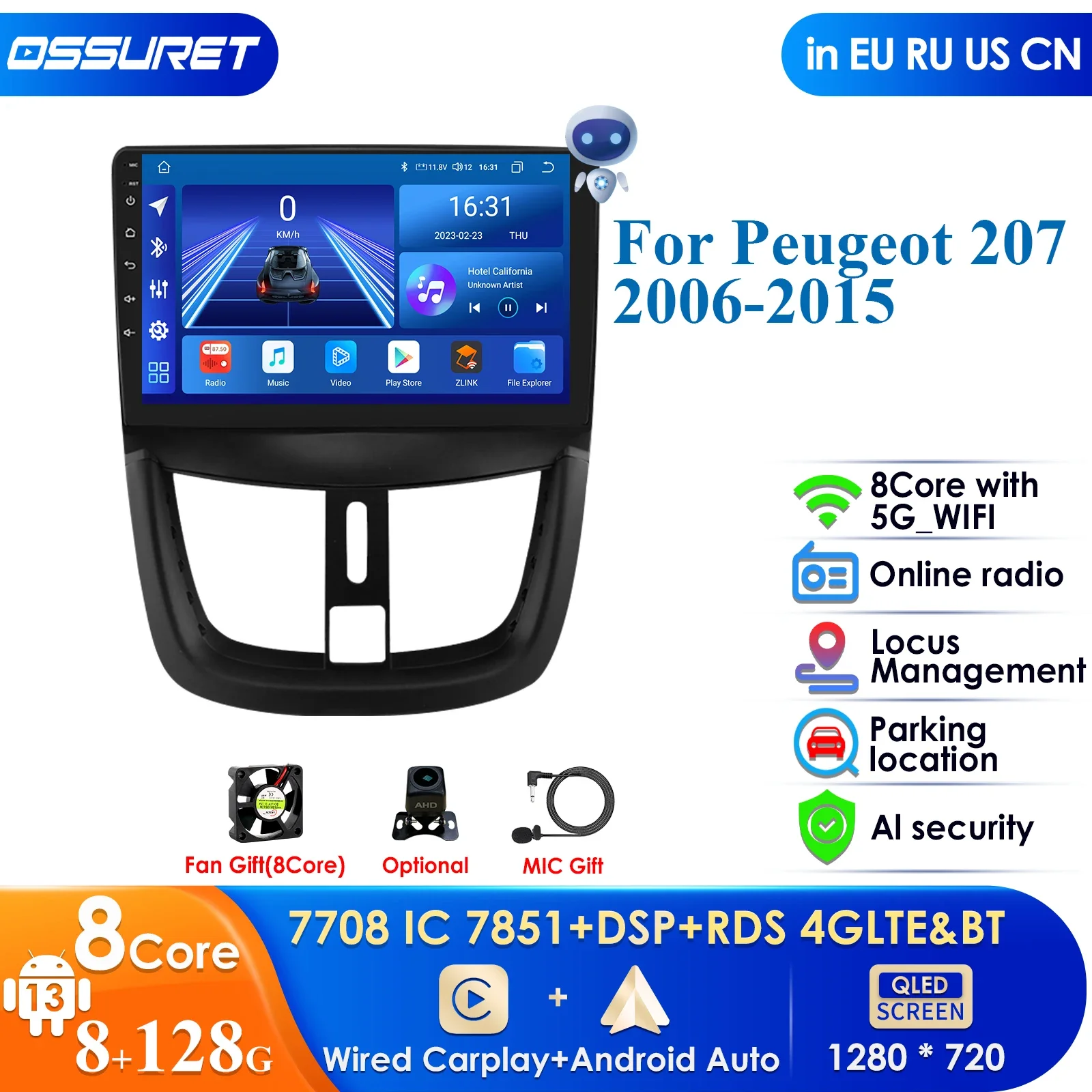 

8G+128GB Android 12 Car Radio Multimedia Video Player for Peugeot 207 CC 207CC 2006 - 2015 GPS 2Din RDS Stereo Autoradio Carplay