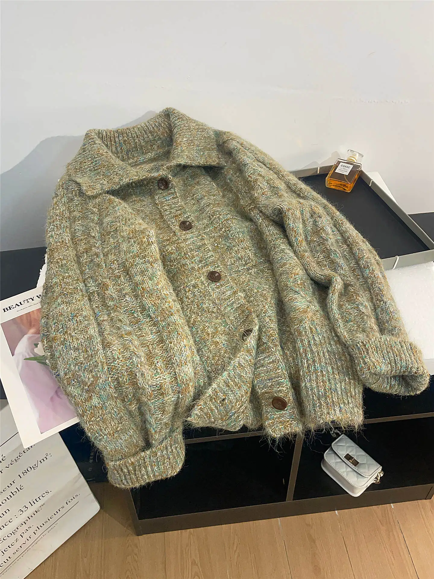 

Женский вязаный открытый кардиган в стиле ретро в японском стиле с воротником-стойкой, длинный свек для похудения, осень-зима, свитер на одной пуговице...