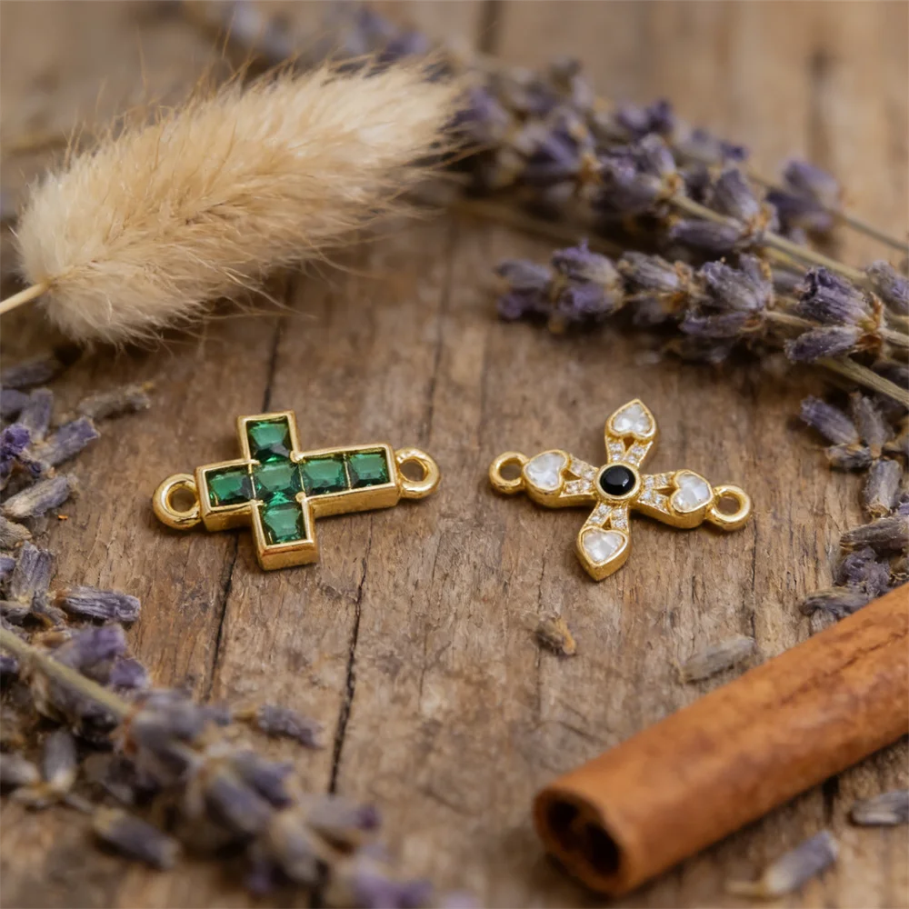 

2Pcs Link Connectors Brass Plated Cubic Zircon Colorful Heart Cross Charms for Diy Jewelry Necklace Bracelet Making Accessories