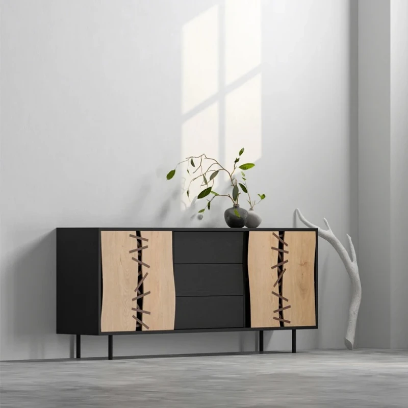 

solid wood minimalist log color living room storage black homestay side cabinet