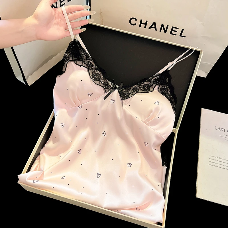 DAIMELU sexy nightgown women's summer high-quality soft ice silk pajamas with chest pads lace pure sleepwear female nightwear