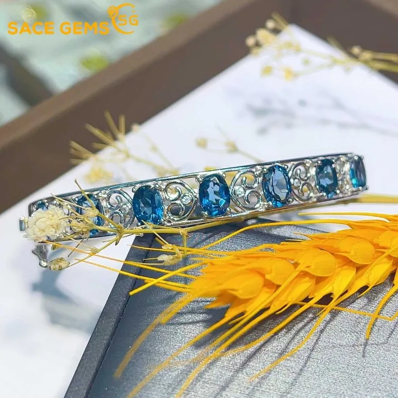 

SACE GEMS Certified 5*7mm Natural London Blue Topaz Bracelets 925 Sterling Silver 17.5cm for Women Engagement Party Fine Jewelry