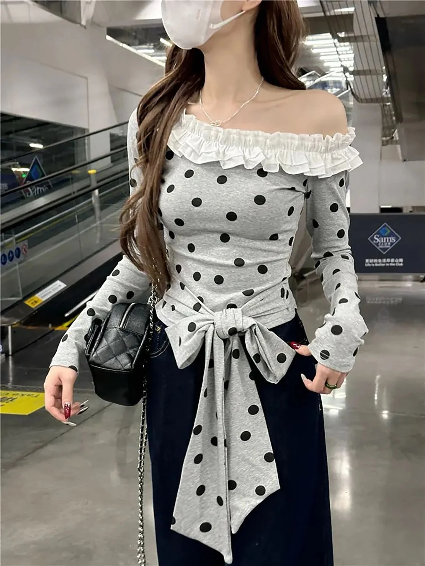 

Новая летняя женская футболка в горошек с завязками на талии, модный корейский стиль, топ с длинными рукавами