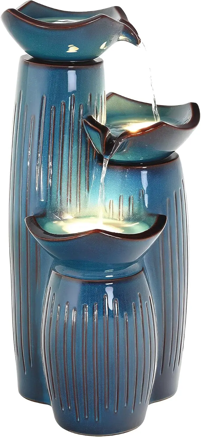 Ceramic Outdoor Fountain LED Light Geometric Three Tier Turquoise Glaze Fluted Texture Cascading Water