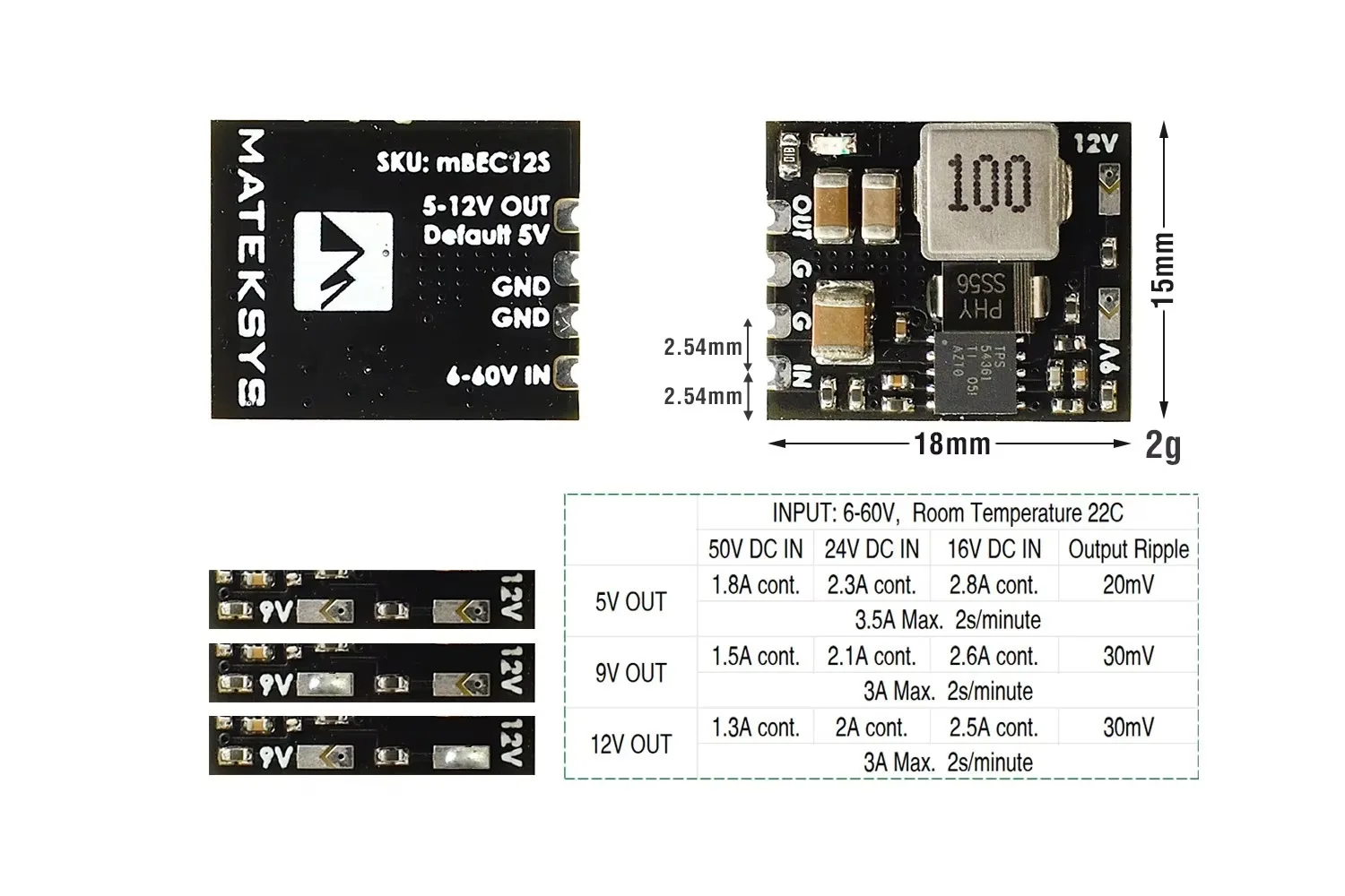 

Newest Matek MICRO BEC 6-60V TO 5V/9V/12V-ADJ For VTX
