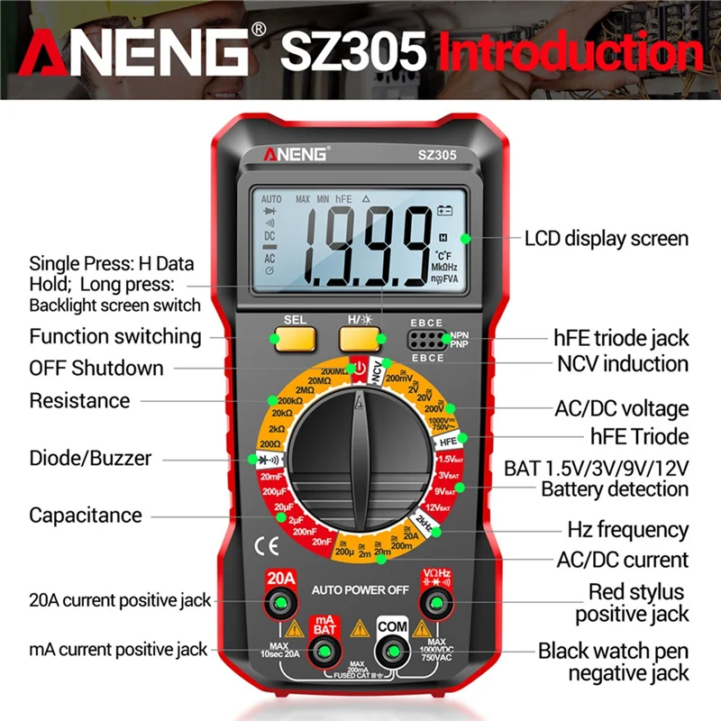 ANENG SZ305 1999 Counts Multimeter Capacitor Testers Smart Voltmeter AC/DC Voltage Current Resistance Ohm Test Tools Red