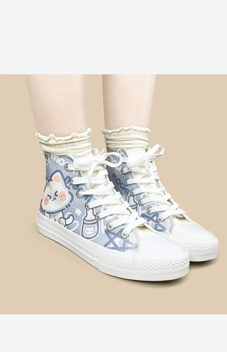 Amy und Michael Niedliche Cartoon-Katzen High-Top Canvas-Schuhe für Damen, Kawaii Weiße Schnürschuhe, Lässige Sneakers für Teenager-Mädchen, High-Top-Schuhe – Detail 5