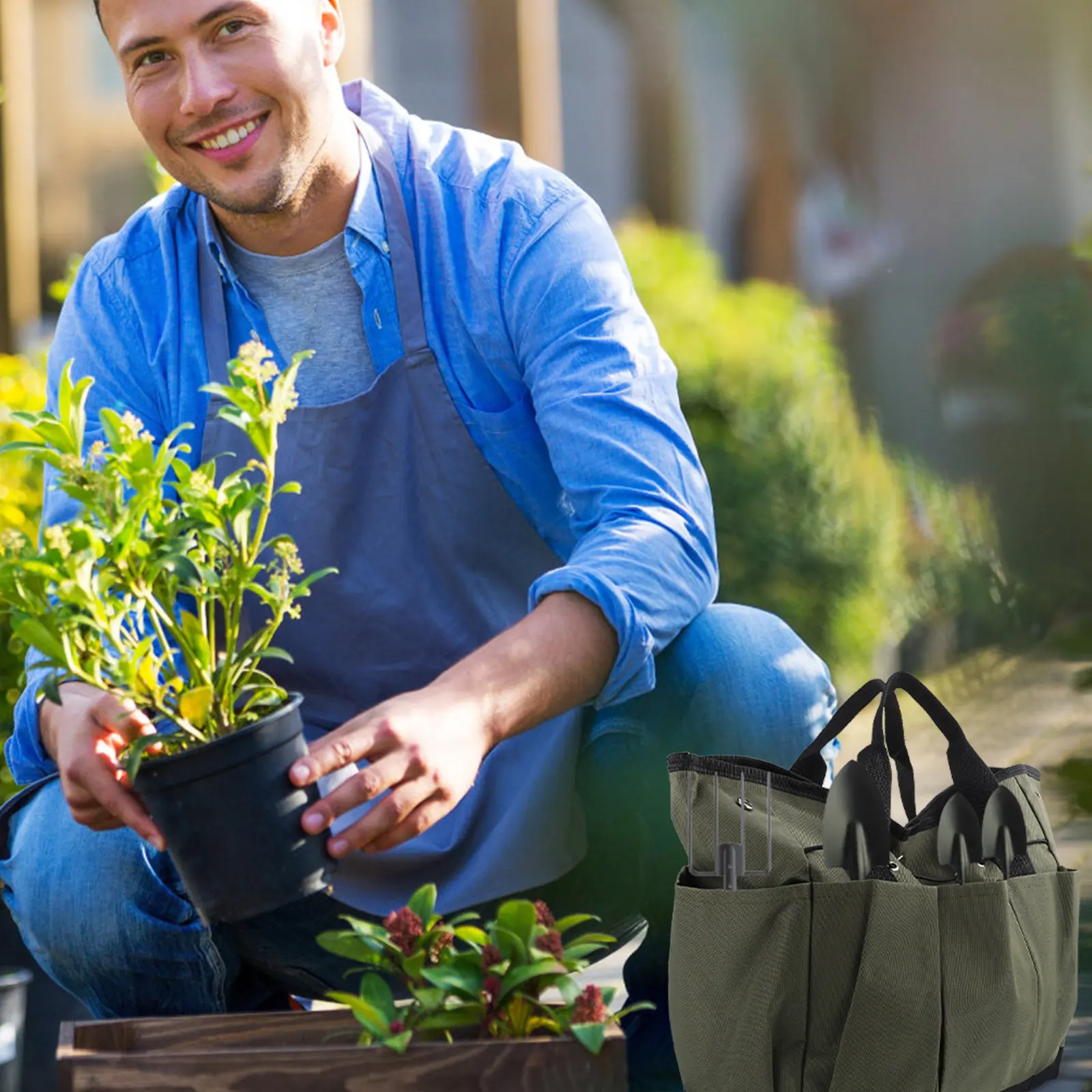 Premium Garden Tool Organizer Bag Spacious Multi Pocket Design Comfortable Handle Portable Tote for Gardeners Landscapers DIY