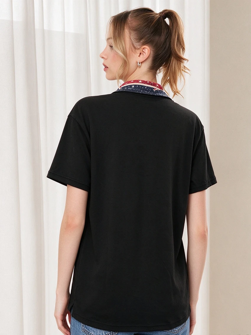 Women Vintage Aesthetic UK Flag Collar Polo Top Punk Black Short Sleeve Graphic Print Y2K Street Fashion Casual Daily Wear Shirt