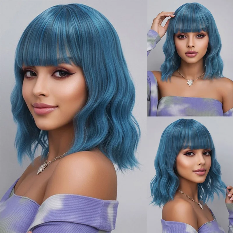 

Women's short curly with natural bangs, realistic bobo style, blue mixed color, full head wig