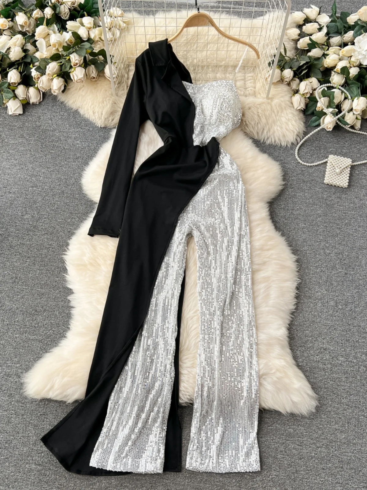 

Ele Chic One-Piece Pants for Women with Strap Long Sve Sequin Splicing High Waist Commute Sle ort Pants Straight Cut