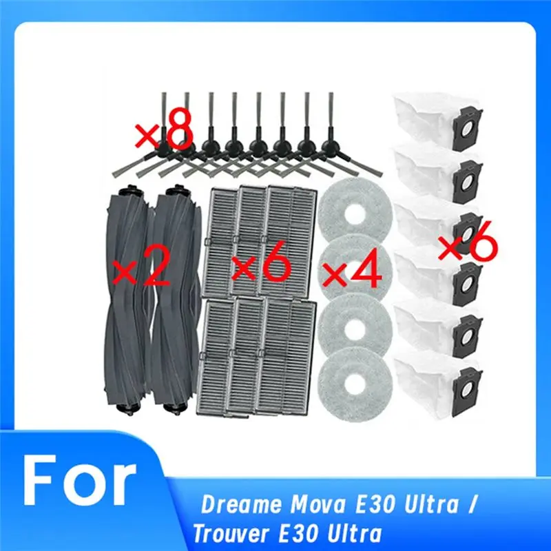 AB02 26 Pcs For Dreame Mova E30 Ultra / Trouver E30 Ultra Sweeping Robot Cleaner Parts Replacement Main Side Brush Mop Filter Se