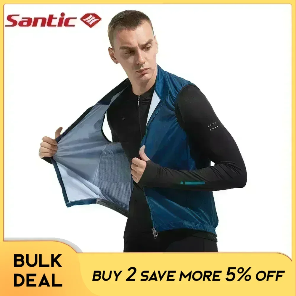 Santic Men's Cycling Vest Lightweight Portable MTB Bike Bicycle Windbreaker Travel Sport Coat Reflective Tape Micro Softshell