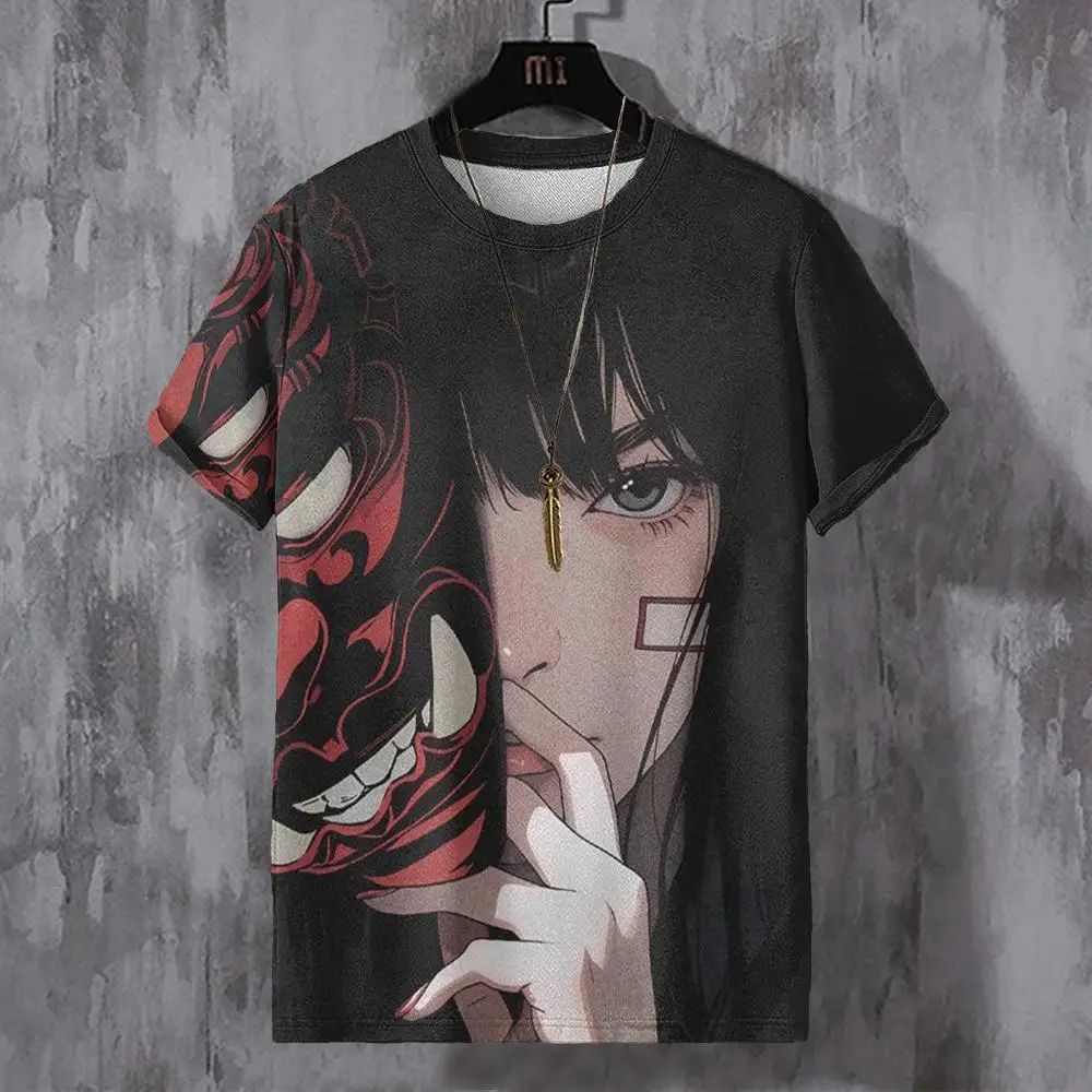 T-shirt gráfica de personagens de anime bonitos masculinos, gola redonda, grandes dimensões, impressão, casual, top, roupa vintage