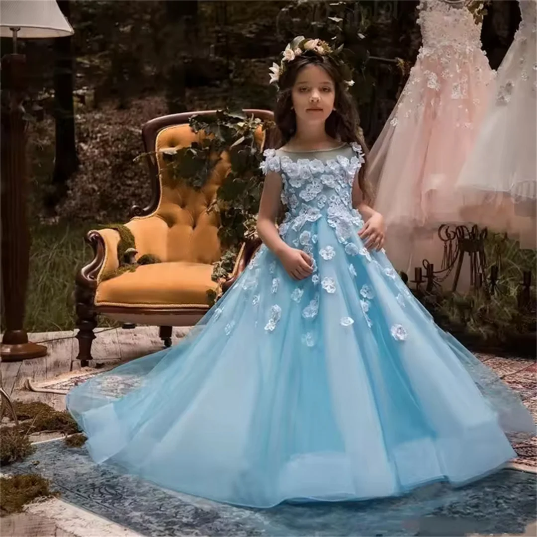 Blumenmädchenkleid für Brautkleider, Spitze, Himmelblau, lang, Prinzessin, für Kinder, handgefertigt, bauschig, für Abendparty, Erstkommunion, Ball