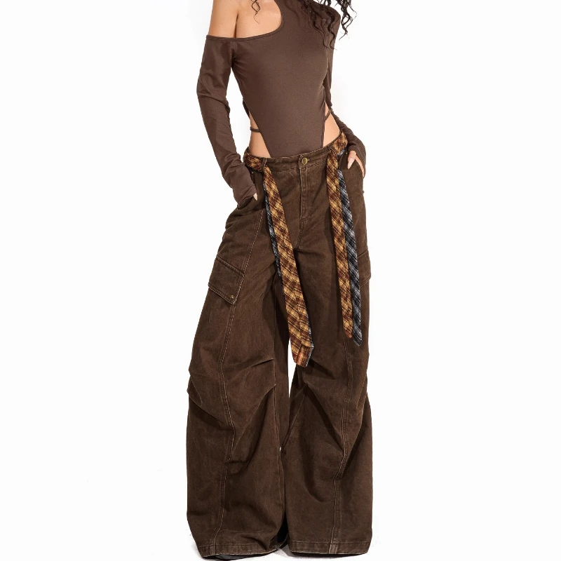 American Retro Pleated Women's Cargo Pants 2025 Autumn Winter New Wide-Leg Floor-Length Fleece-Lined Warm Versatile Jeans Ladies