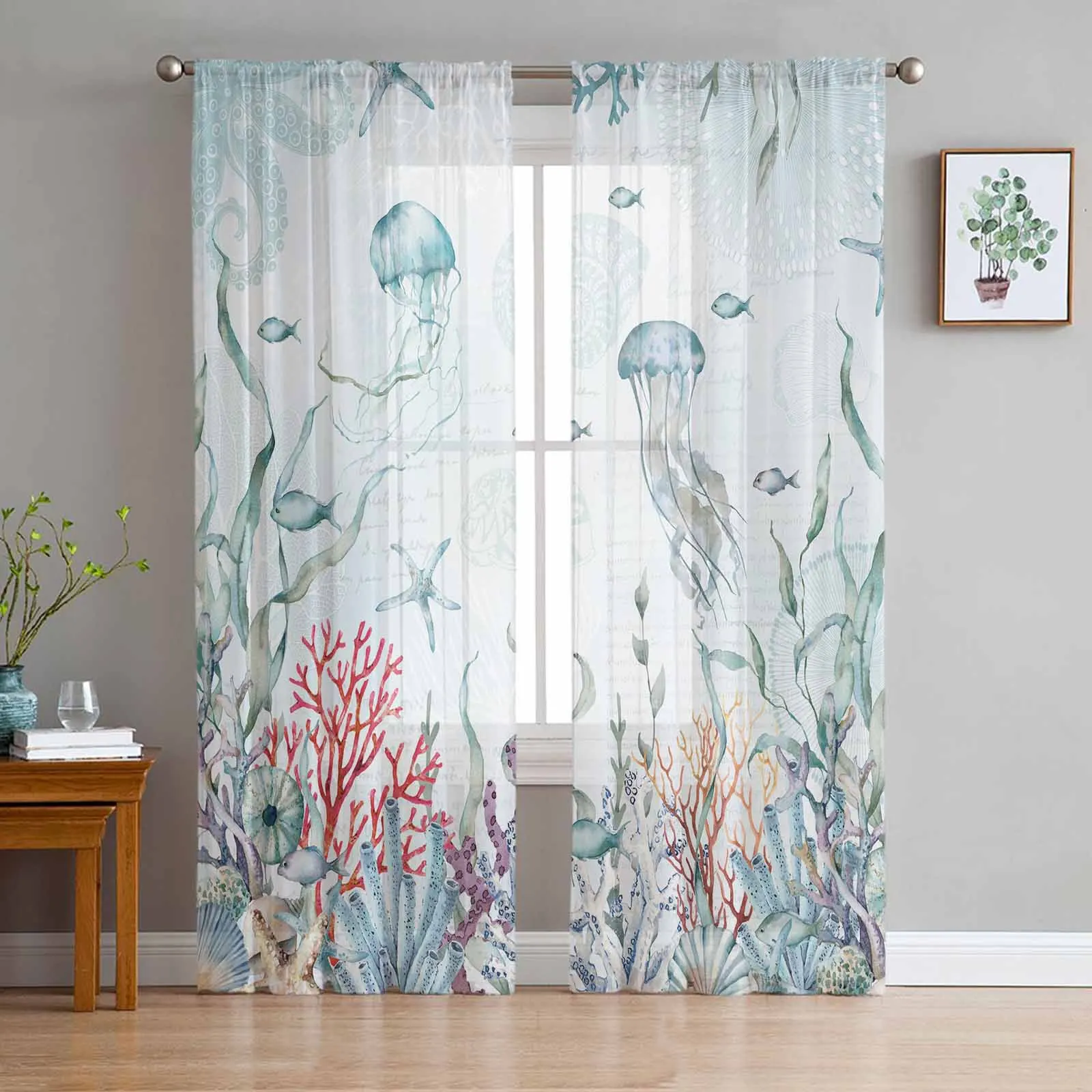 Marine Coral Sea Shell Starfish Jellyfish Curtain For Living Room Bedroom Kitchen Window Tulle Curtains Home Essentials