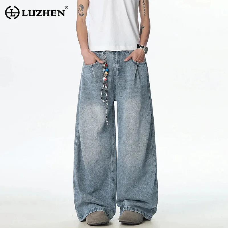 

LUZHEN Fashion Simple Gradient Washed Loose Straight Denim Pants Men's 2025 Autumn High Quality Handsome Wide Leg Jeans JY3898