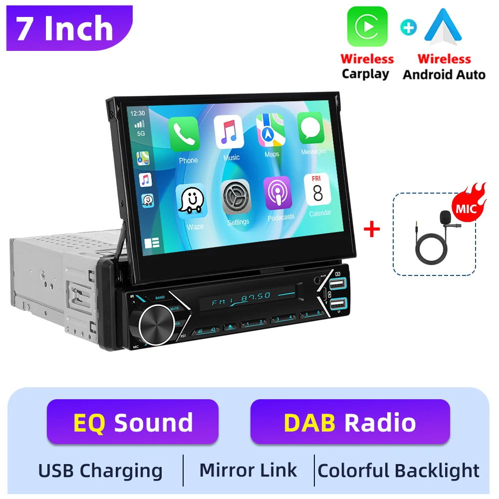 Podofo 1DIN Elektrisch intrekbare autoradio draadloze CarPlay Android Auto Mirror Link multimediaspeler DAB FM USB Type-C