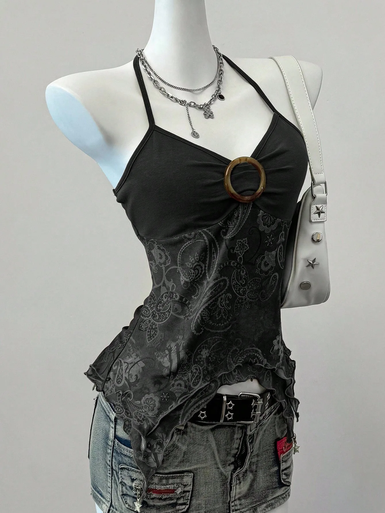 Sommer Retro 2026 Neu Sexy Off-Shoulder Neckholder-Weste Damen Ärmelloses Bedrucktes Mesh-Patchwork Slim Top Urlaub Beliebt – Detail 8