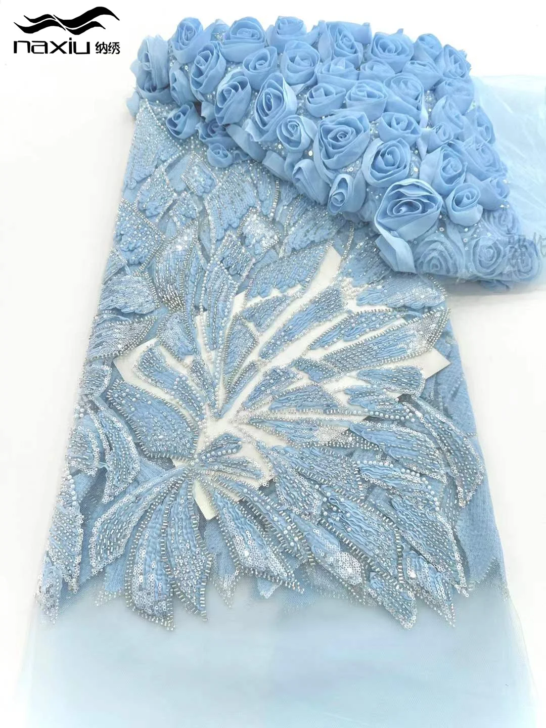 Madison Luxury Hand Beaded Lace Fabric Heavy with French Nigerian Sequins Beads Embroidery 3d Flower 5 Yards for Bridal Wedding