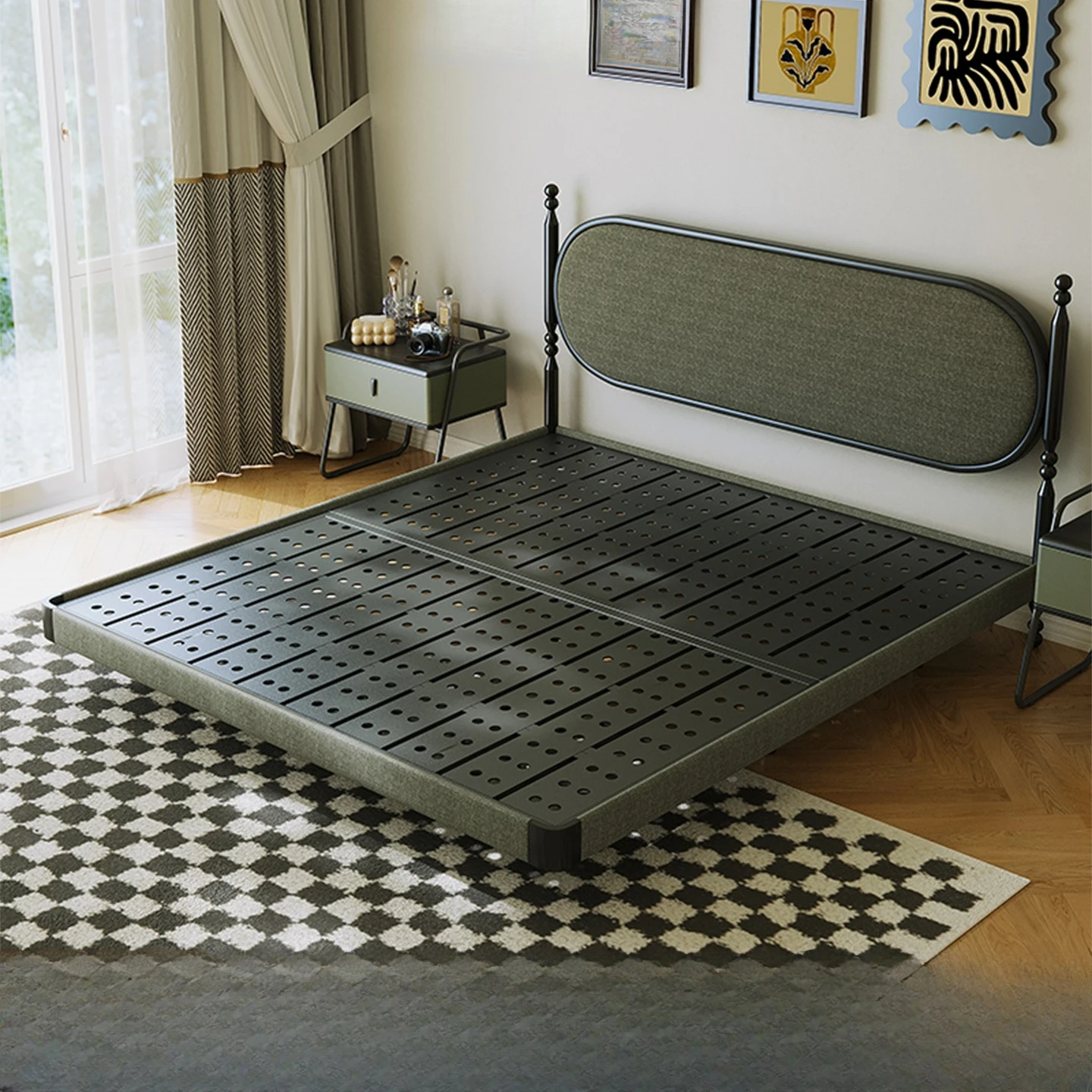 Carbon steel environmentally friendly French retro solid wood bed household double bed flower cloth soft bag