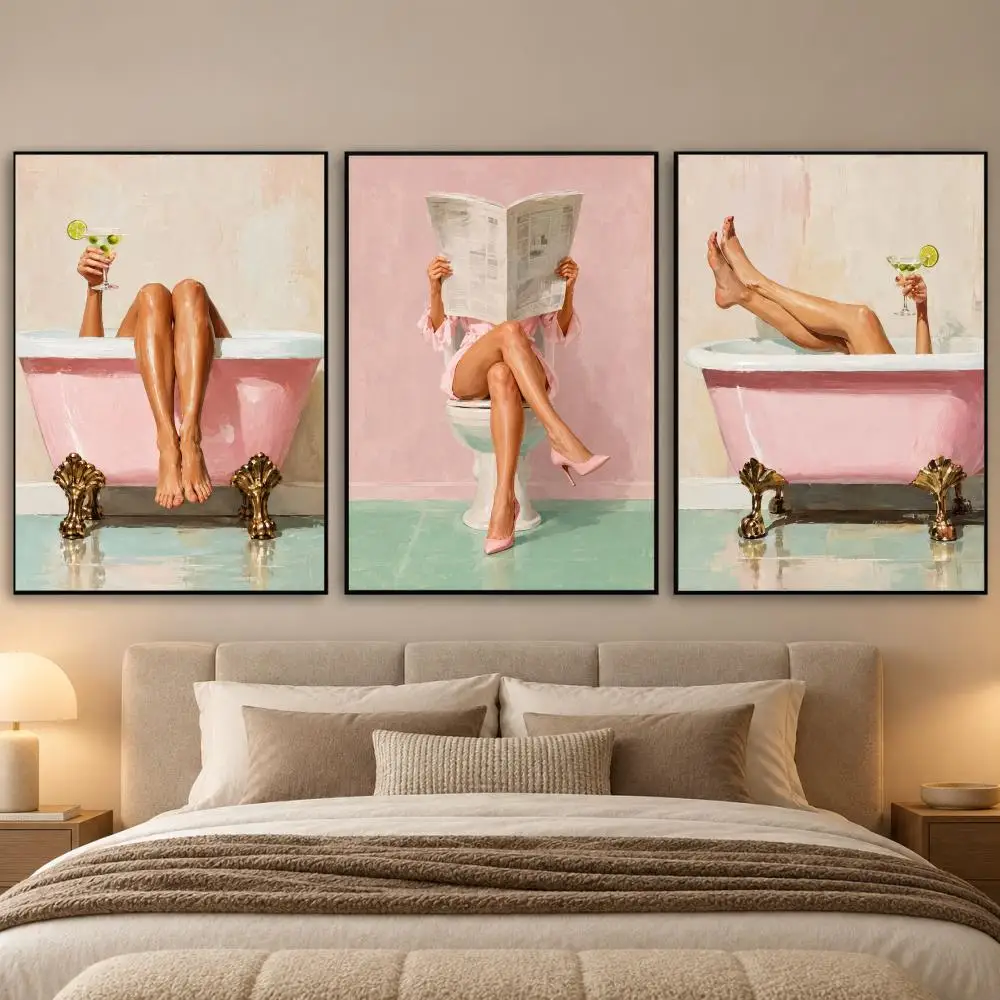 Women Reading Newspaper High Heel Pink Bathtub Martini Painting Calligraphy 3 PCS Canvas Wall Art for Living Room Decor Decals