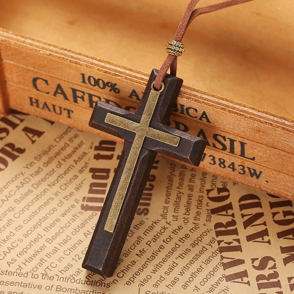 Retro Double-Layer Head Coin Wood Cross Necklace Pendants for Men Long Chain  Wooden Jewelry