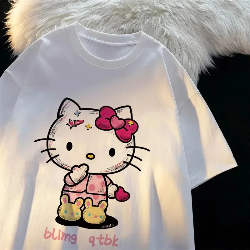 

Sanrio Hello Kitty Cartoon Graphic Academic Atmosphere Cotton Print T-shirt Top Women Fashion Summer Y2K Couple Print T-shirt