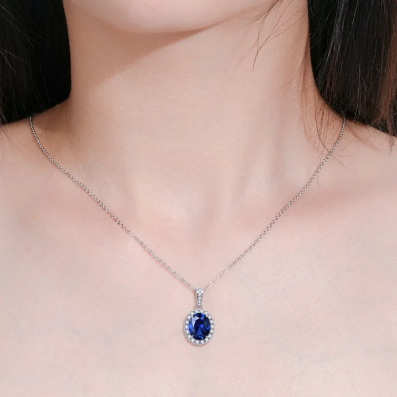 

Oval 2.67ct Created Blue Sapphire 925 Sterling Silver Princess Diana Pendant Necklace Luxury Gemstone Jewelry Colar de Prata