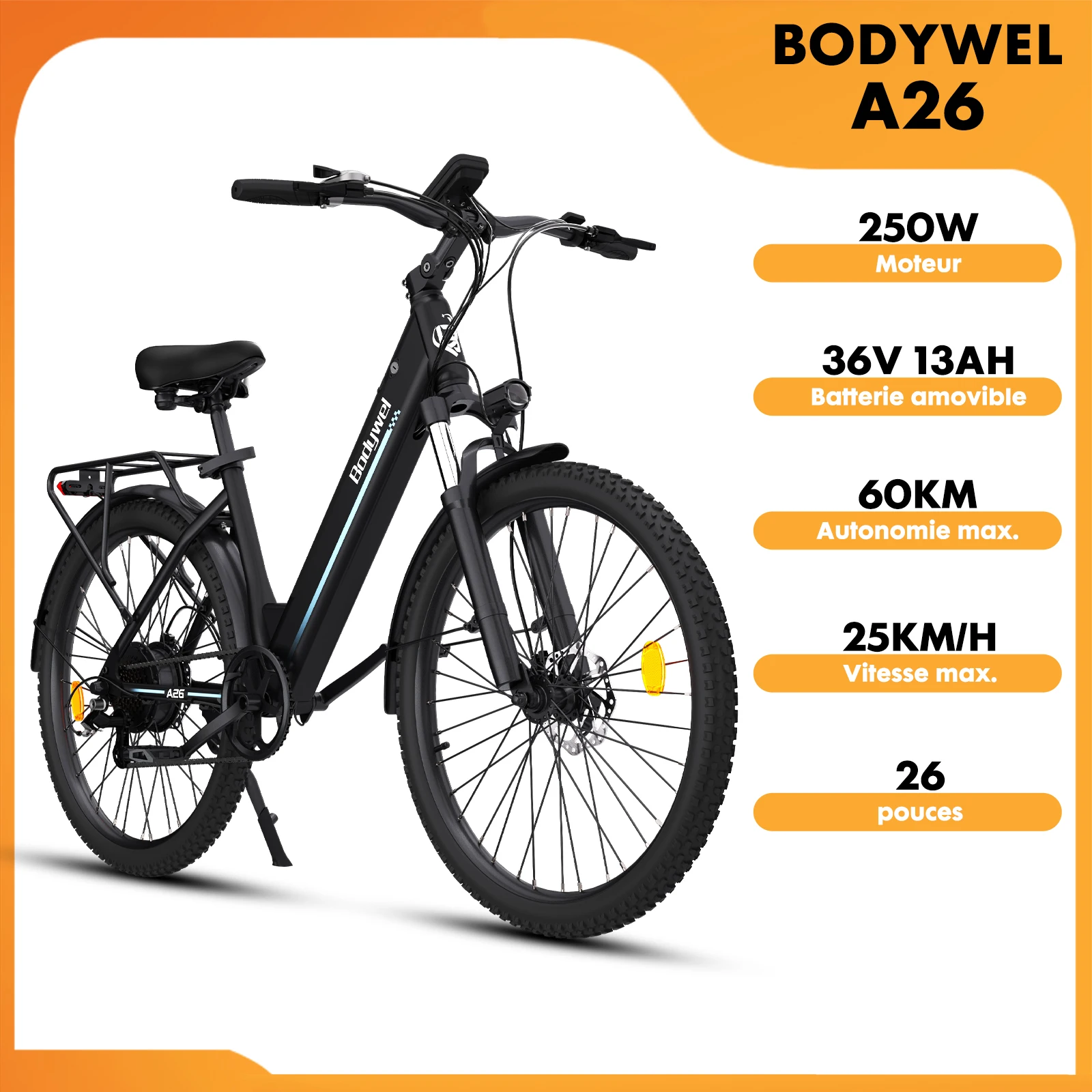 Elektrofahrrad 250W Bodywel A26 - Abnehmbarer IP65-Akku, LCD-Bildschirm, 60 km Reichweite, 26-Zoll-Reifen, Schutzbleche