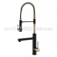 Pre-Rinse Kitchen Faucet, Deck Mounted Pot Filler, Brushed Gold, Black Pull Down Spring Spout, Sink Tap