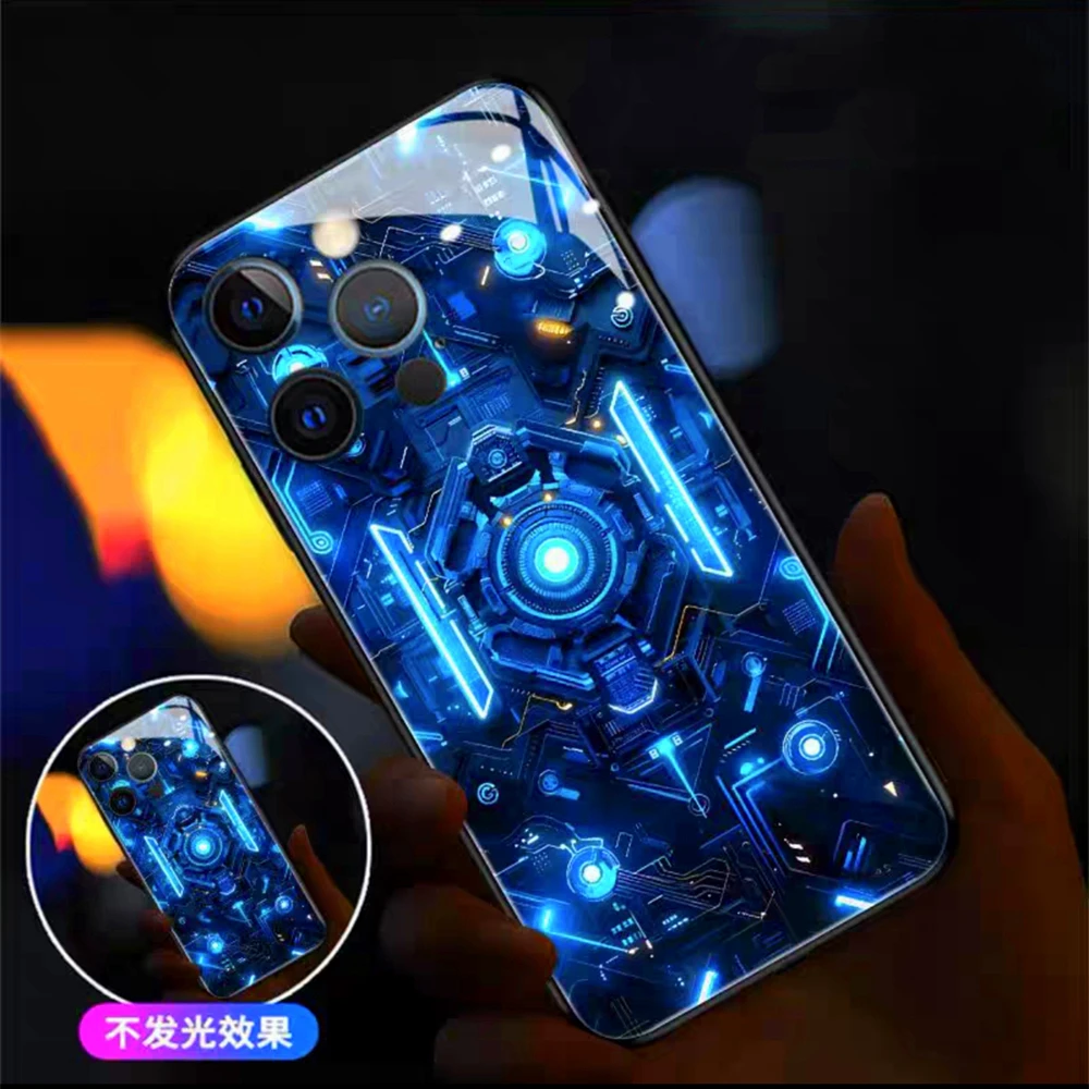 

Luxury Blue Chip Pattern Luminous Glass LED Call Light Up Flash Phone Case For iPhone 16 E 15 14 13 12 11 Pro Max X XR Plus
