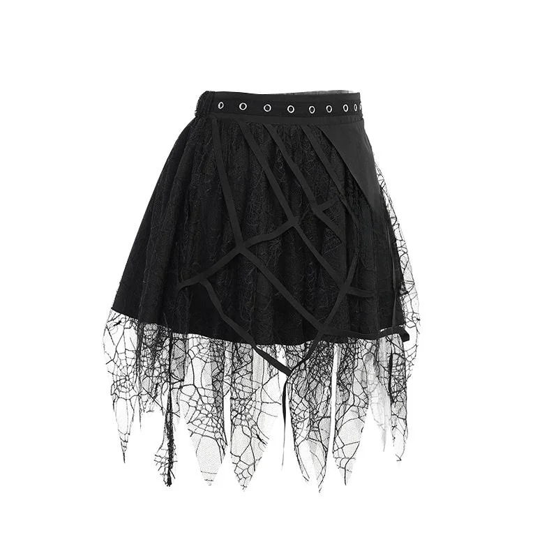 Saia Curta de loween Lastself Spider Girl com Renda e Patchwork Estilo Gótico Personalidade Cintura Alta  Saia em Fibr...