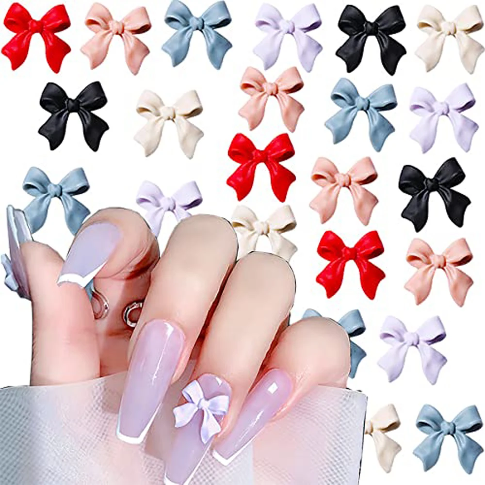 50Pcs Bow Resin Nail Art Decoration 3D Black White Long Ribbon Bowknot Ornament Nail Charm Jewelry Design Kawaii DIY Accessories