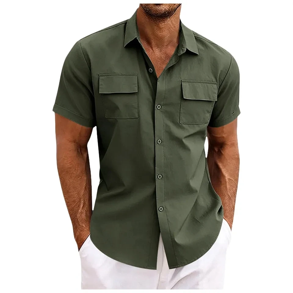 

Men's Summer Lapel Solid Short Sleeve Shirt With Two Pockets Casual Button Comfort Shirts Male Breathable Tops Mens Clothing