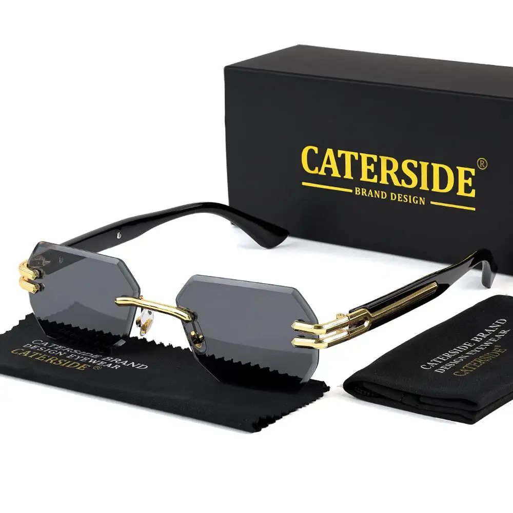 CATERSIDE Neue rahmenlose Sonnenbrille für Herren, modische polygonale Spiegellinsen mit Farbverlauf, Metallrahmen, Damen-Party-Sonnenbrille für den Außenbereich – Detail 24