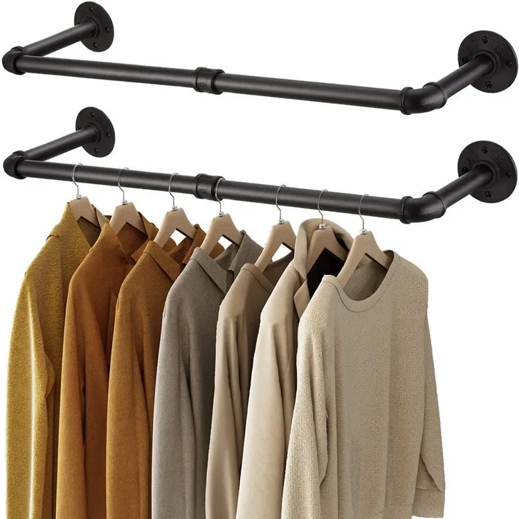 Water pipe clothes display rack Industrial heavy duty wall-mounted iron hanger Laundry clothes drying rod Clothing wallrack