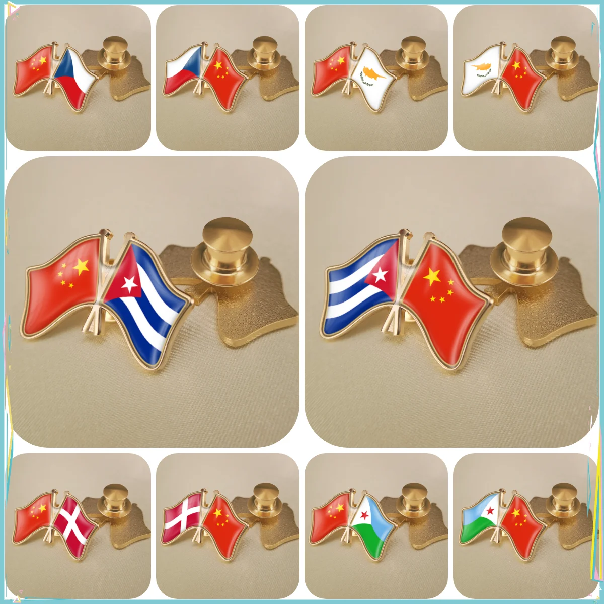 China and Cuba Cyprus Czech Republic Denmark Djibouti Crossed Double Friendship Flags Lapel Pins Brooch Badges