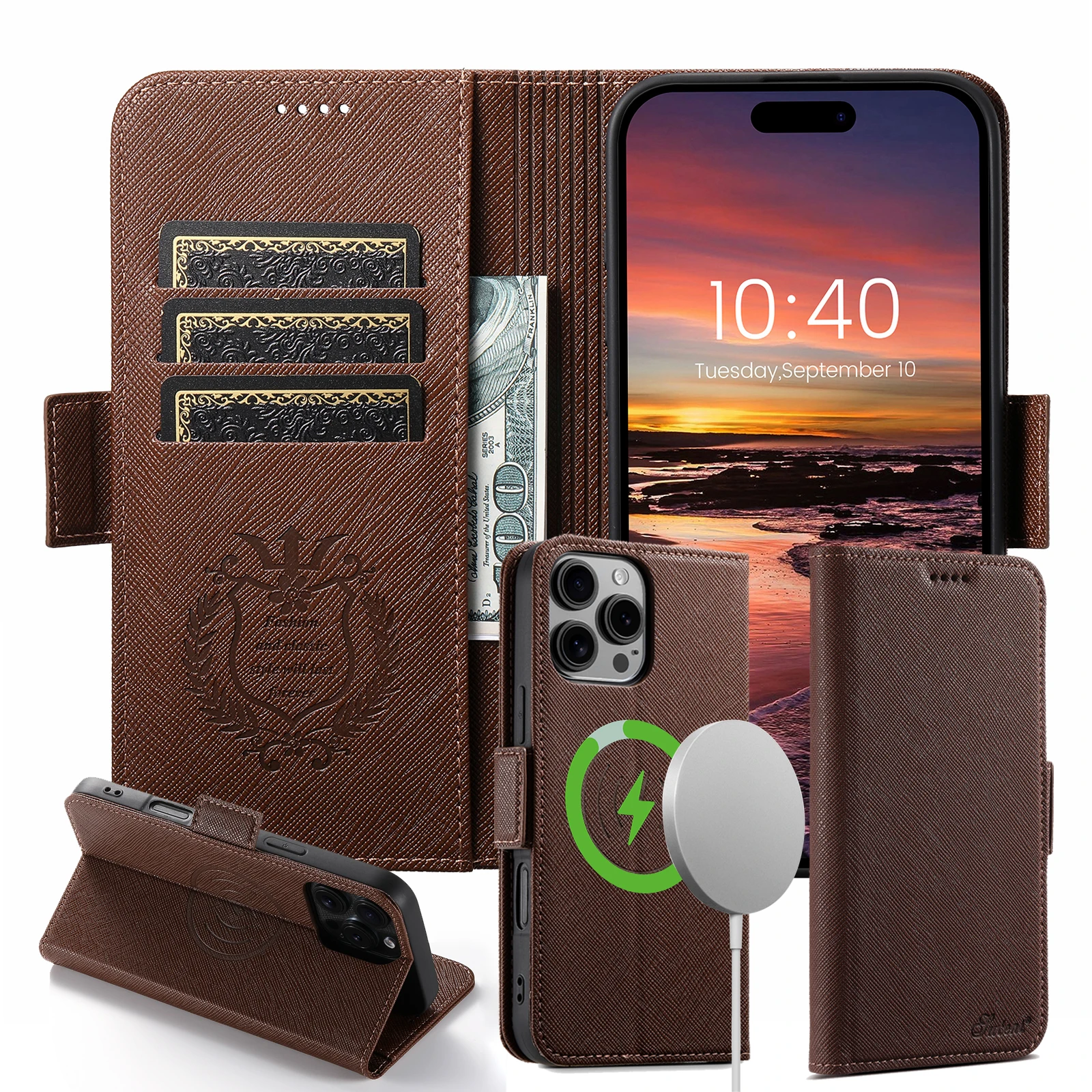 SUTENI PU Leather Wireless Charging Card Holder Stand Wallet Magnetic Button Flip Cover Phone Case For iPhone 16 Pro Max 15 Plus