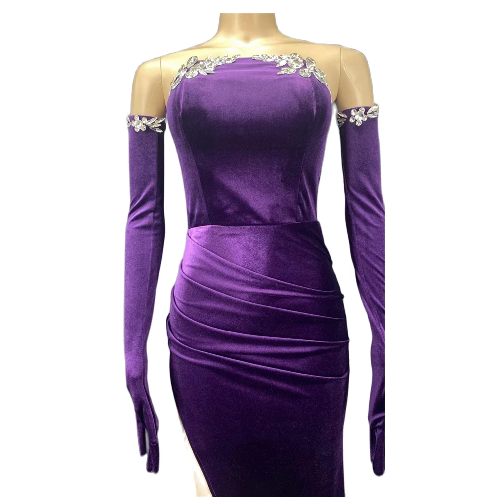 

Purple Chest Wrapping Crystal Rhinestones Swan Velvet Gloves Sexy Women Split Long Dress Evening Wedding Clothing Dance Costumes