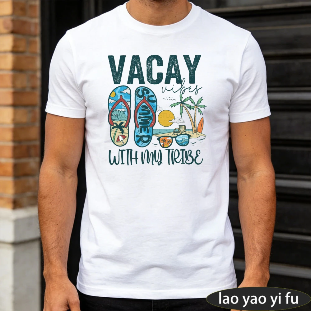 Vacay Vibes Summer Flip Flops Beach Palm Tree Men T-Shirt Streetwear Top for Vacation Gift Summer Wear T Shirt